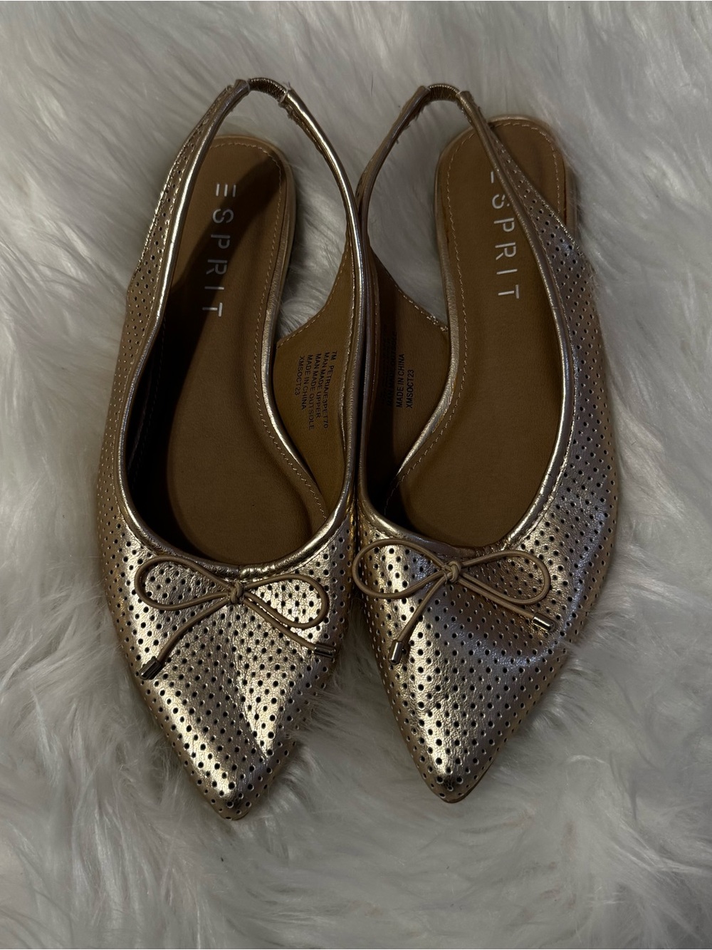 Esprit Metallic Gold Pointed-Toe Perforated Slingback Flats